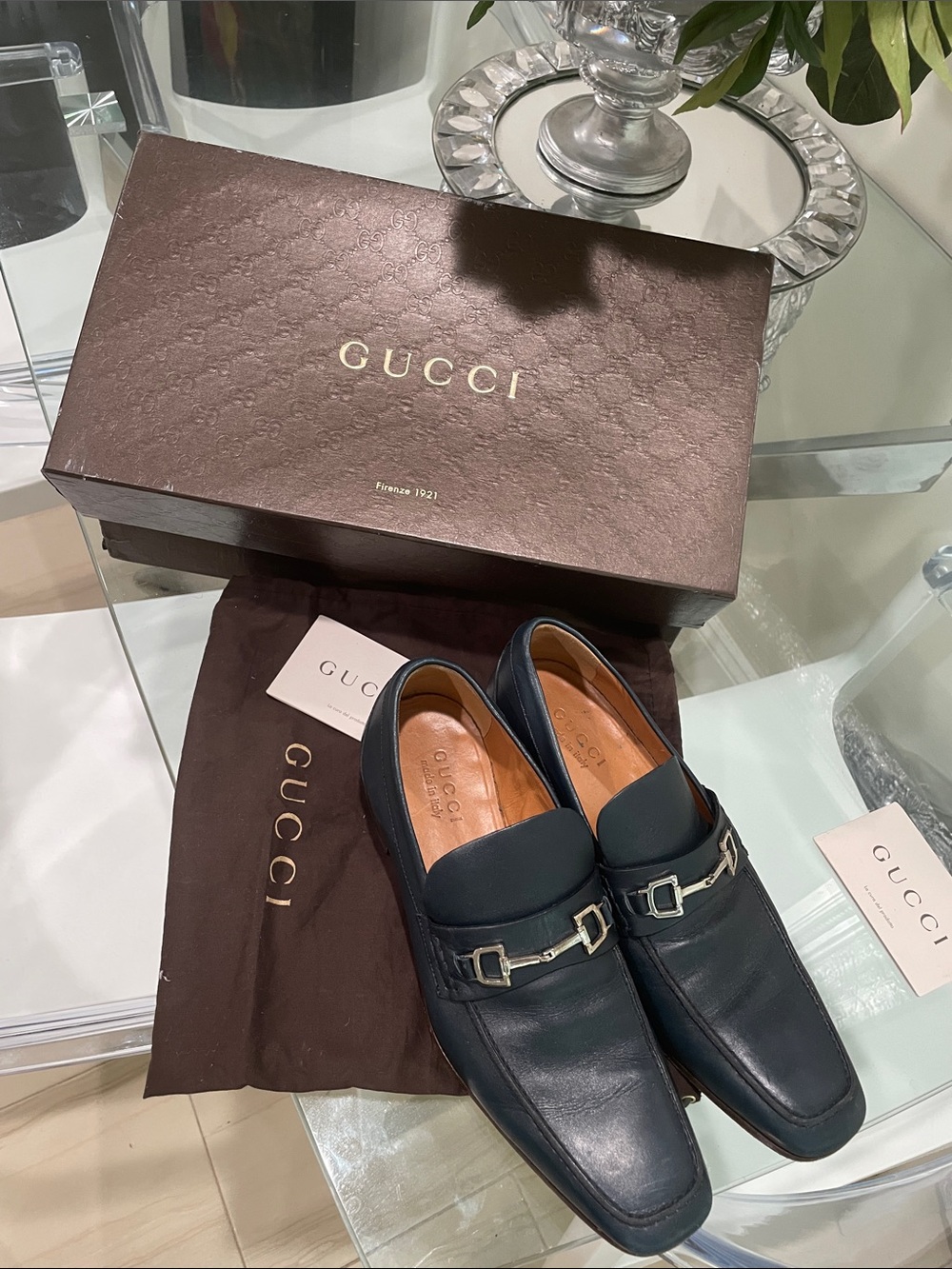 Gucci Men's Navy Leather Horsebit Slip-On Loafers